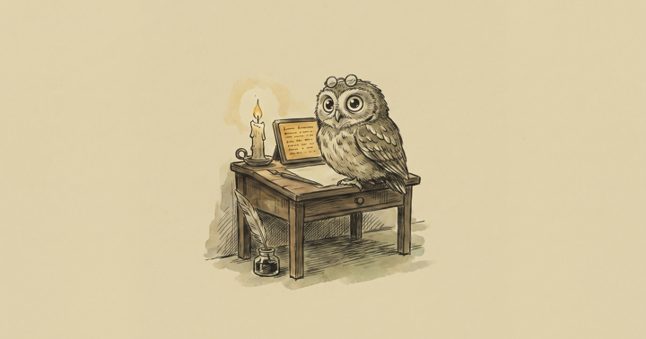 Archimedes the owl at his candlelit desk, waiting
