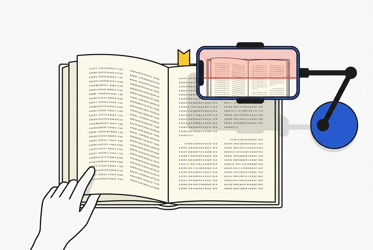 Seen from above: a phone on an articulated arm hovers over an open book,
              its screen showing the same pages with a red scan line crossing them,
              while a hand turns a page.